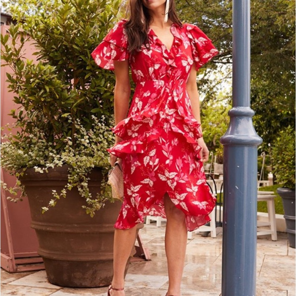 La Maison Talulah Red Floral Ruffle Tiered Midi Dress – Size XS NWOT
